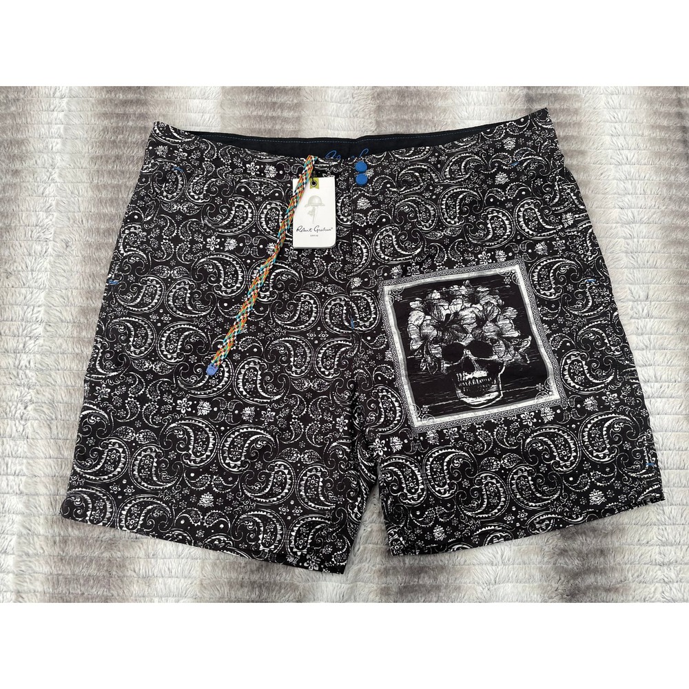 NWT Robert Graham Swim Shorts Trunks Size 38 Paisley Skull $168